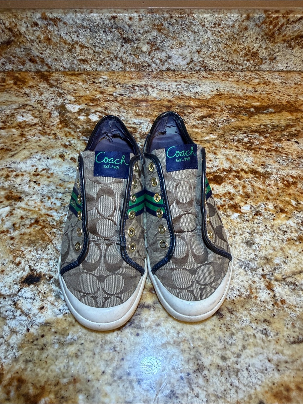 Coach Tan Signature Canvas Slip-On Sneakers with Green & Navy Accents